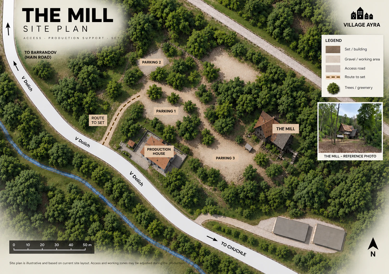 Photorealistic aerial site plan of The Mill with the set, production house, access route and three parking zones