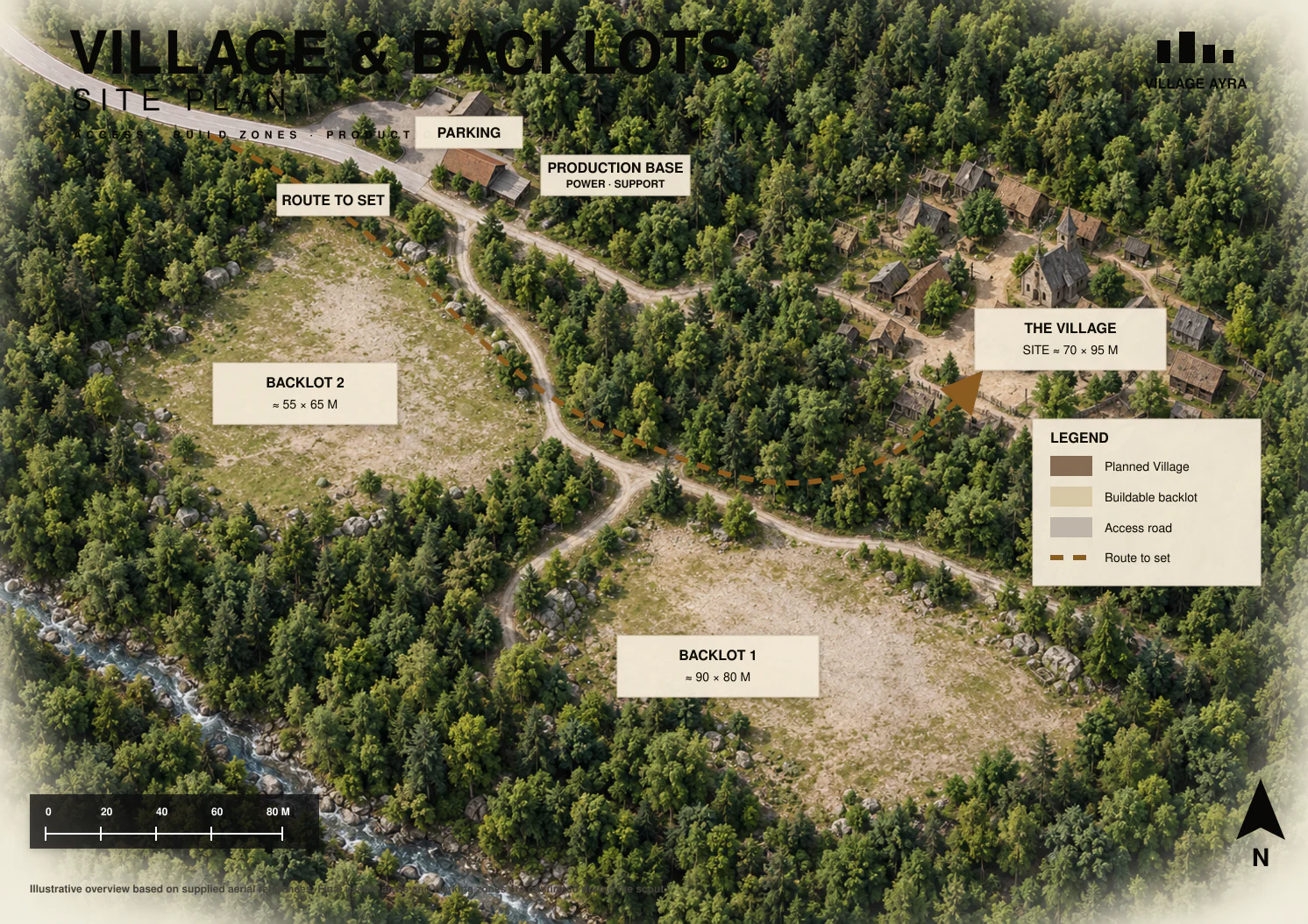 Photorealistic aerial site plan of The Village and Backlots with access, parking and production base