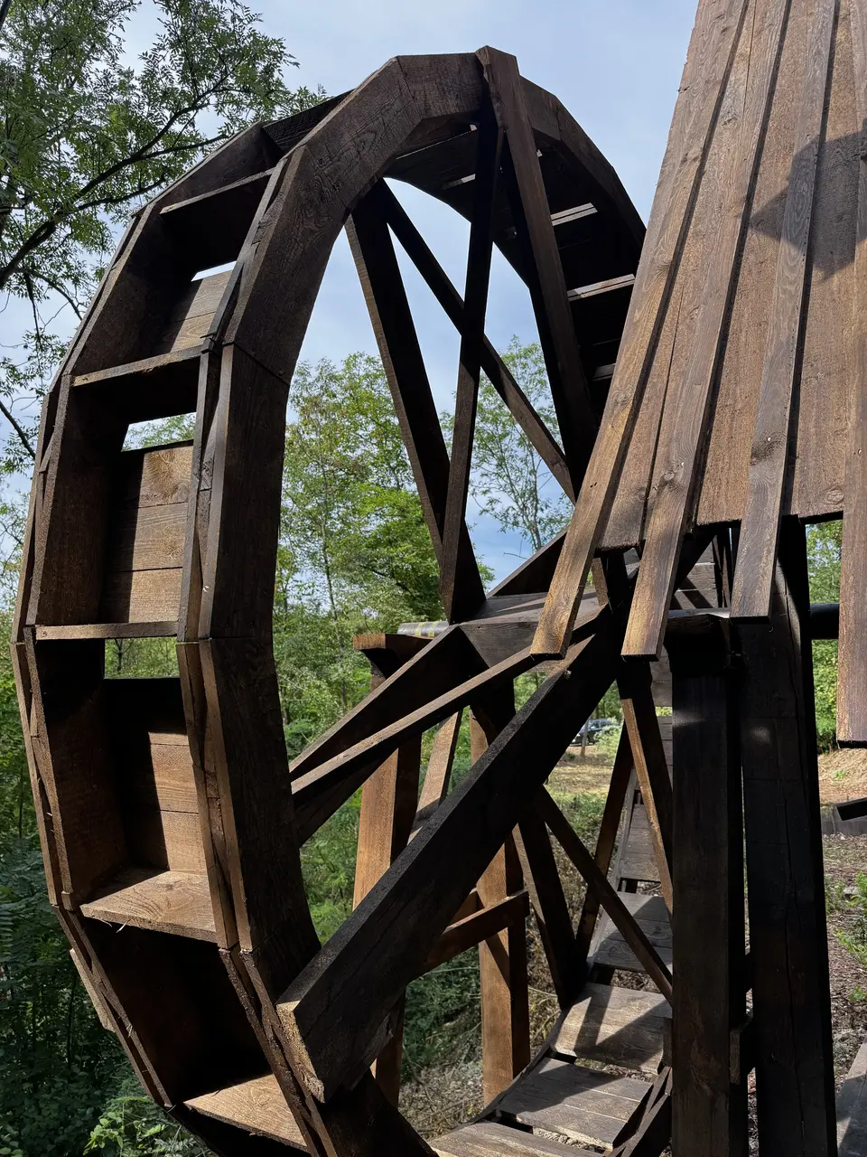 Large wooden water wheel beside The Mill